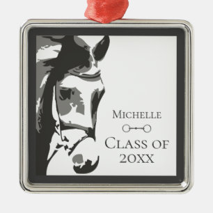 Personalized Horse and Snaffle Bit Grey Graduation Metal Ornament