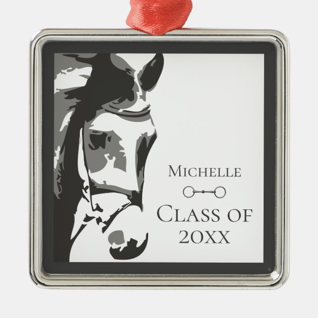 Personalized Horse and Snaffle Bit Grey Graduation Metal Ornament (Front)