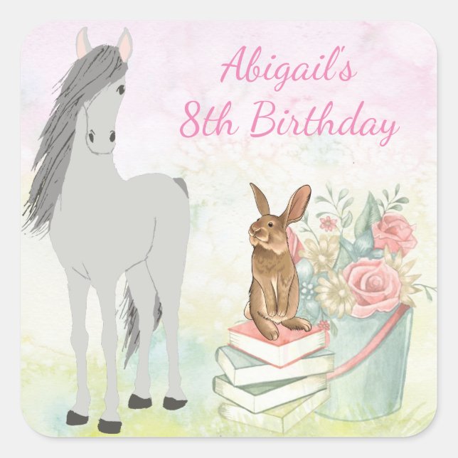 Personalized Horse, Bunny and Flowers Birthday Square Sticker (Front)