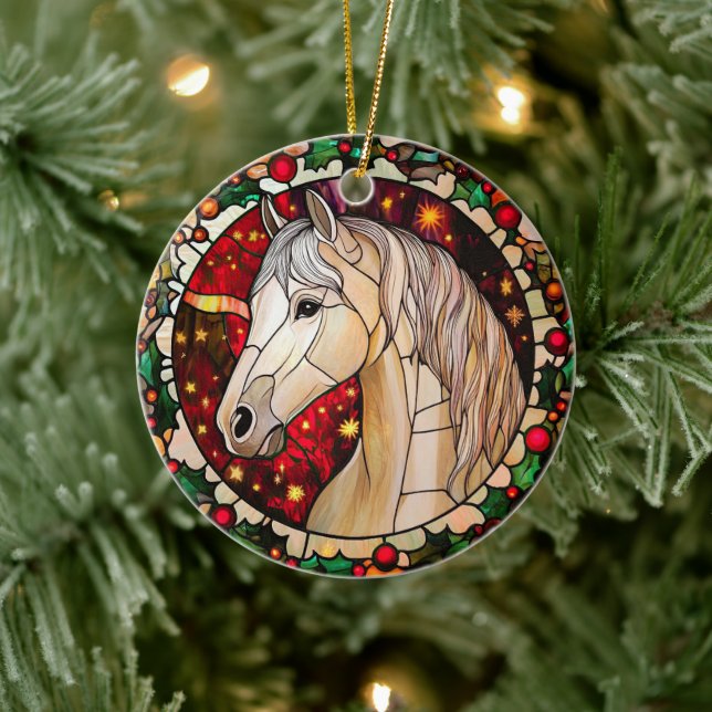 Personalized Horse Faux Stained Glass Christmas Ceramic Ornament (Tree)