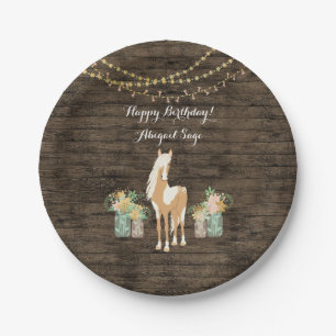 Personalized Horse, Flowers Rustic Wood Birthday Paper Plate
