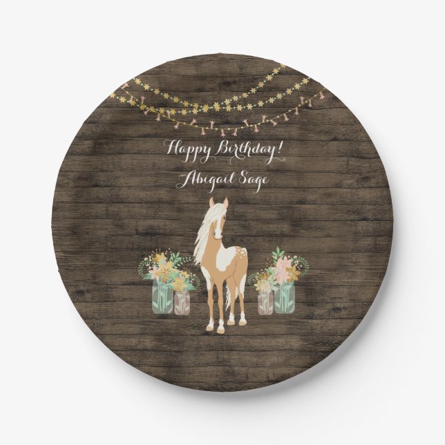 Personalized Horse, Flowers Rustic Wood Birthday Paper Plate (Front)