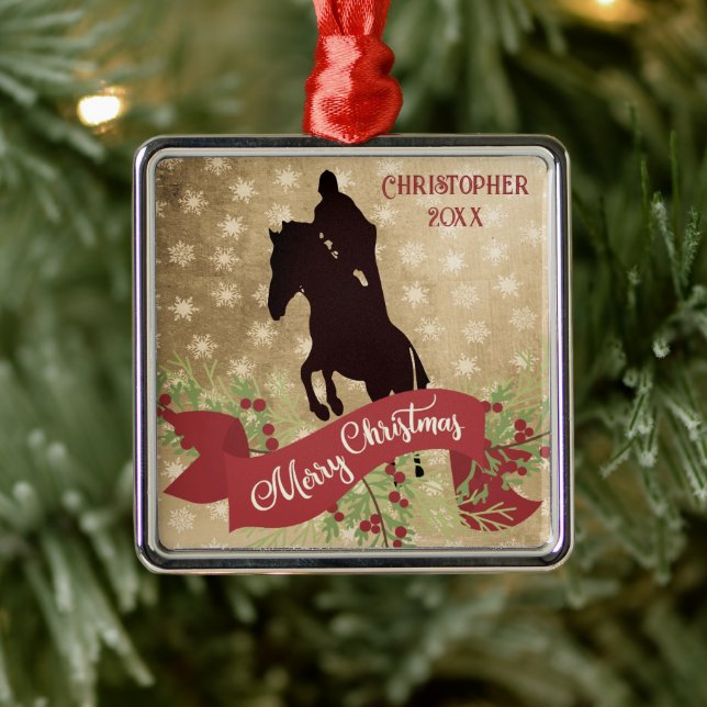 Personalized Horse Jumping Merry Christmas Metal Ornament (Tree)