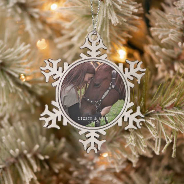 Personalized Horse Photo Name and Year  Snowflake Pewter Christmas Ornament (Tree)