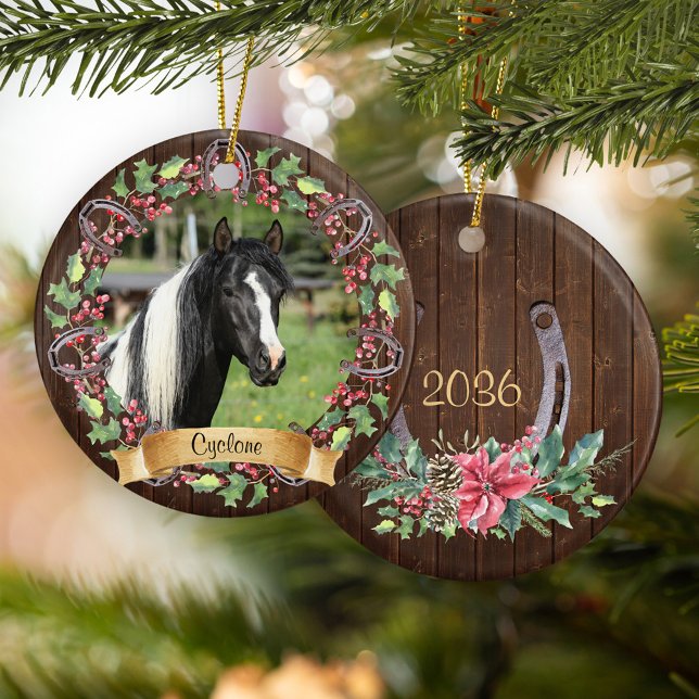 Personalized Horse Photo Rustic Christmas Ceramic Ornament (Creator Uploaded)
