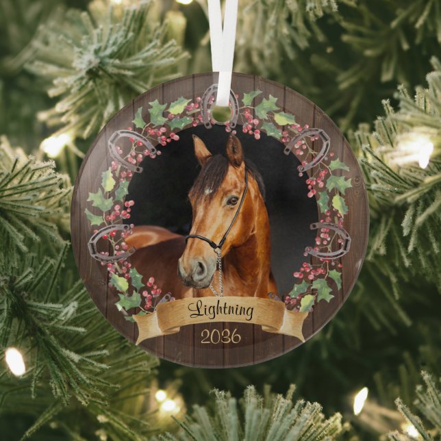 Personalized Horse Photo Rustic Christmas Glass Ornament (Insitu)