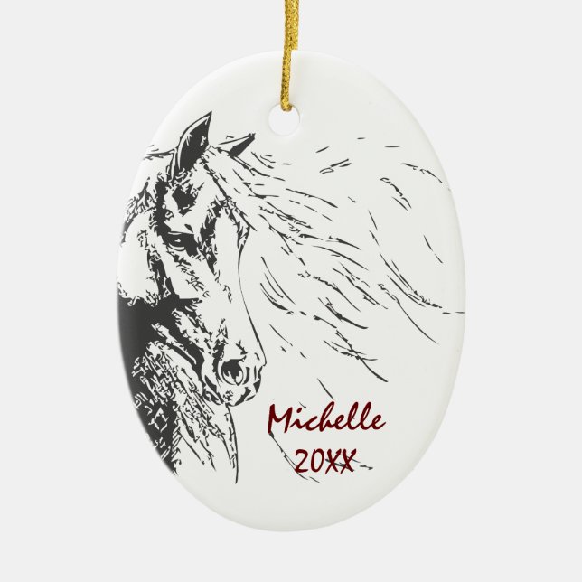 Personalized Horse Sketch Christmas Ceramic Ornament (Front)