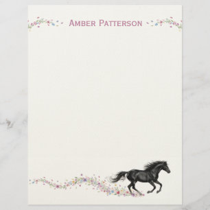 Personalized Horse Stationery Black Horse Flowers