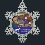 Personalized Horseback Riding Photo Equestrian Snowflake Pewter Christmas Ornament<br><div class="desc">Add a photo of your horse or rider to this beautiful Snowflake Christmas tree ornament.  There's also room for two lines of custom text - name,  year,  etc.  Easily change the background colour too!</div>