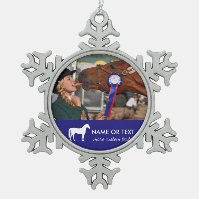 Personalized Horseback Riding Photo Equestrian Snowflake Pewter Christmas Ornament (Front)