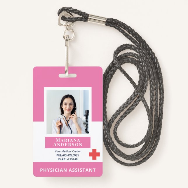 Personalized Hospital Employee Logo & Photo Pink Badge (Front with Lanyard)