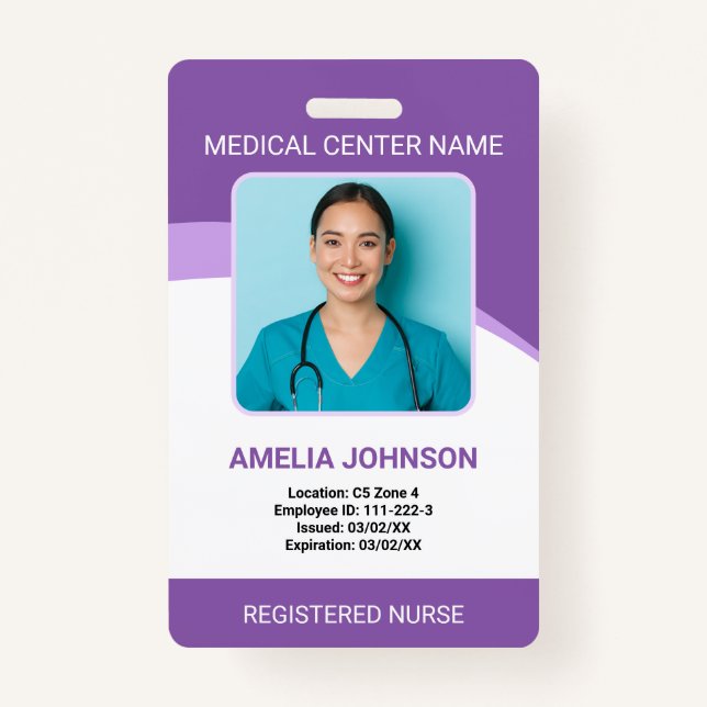 Personalized Hospital Employee Photo ID Purple Badge (Front)