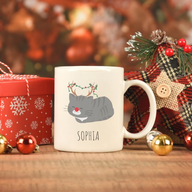 Personalized Hot Chocolate Mug, Cat Lover Reindeer Two-Tone Coffee Mug (Creator Uploaded)