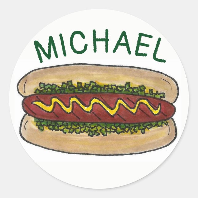 Personalized Hot Dog w/ Relish Mustard Junk Food Classic Round Sticker (Front)