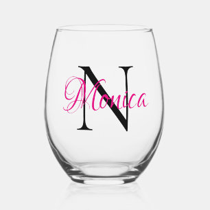 Personalized Hot Pink and Black Monogram Stemless Wine Glass