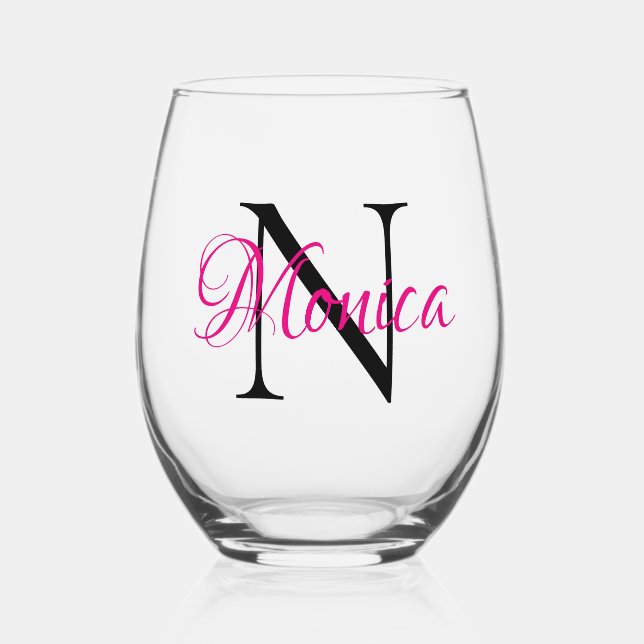 Personalized Hot Pink and Black Monogram Stemless Wine Glass (Front)