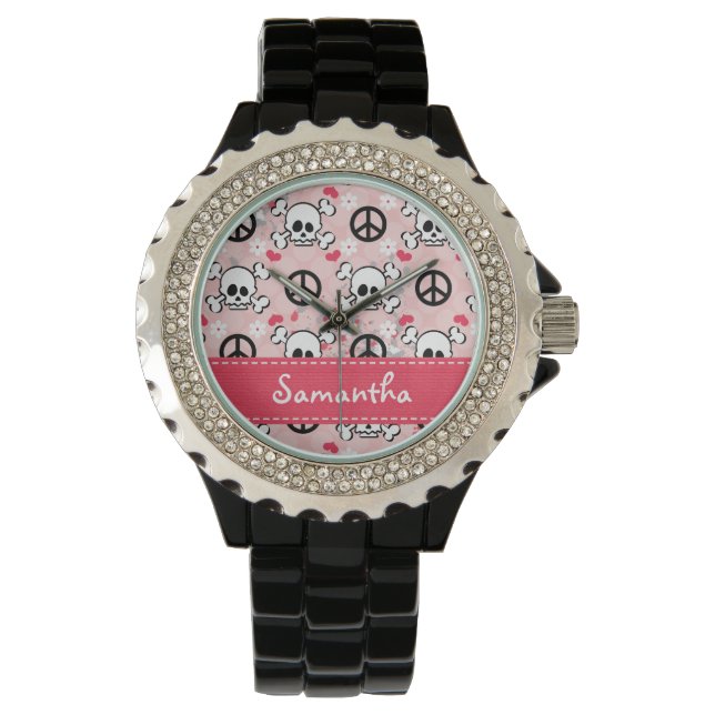 Personalized Hot Pink and Black Skull Watch (Front)