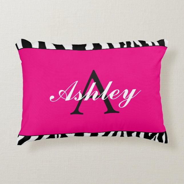 Personalized Hot Pink and Zebra Accent Pillow (Front)