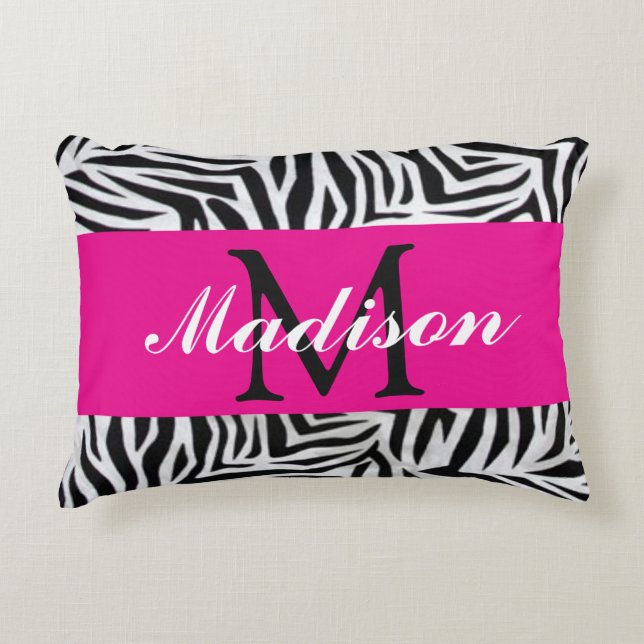 Personalized Hot Pink and Zebra Accent Pillow (Front)