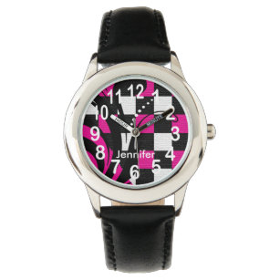 Personalized Hot Pink, Black and White Abstract Watch