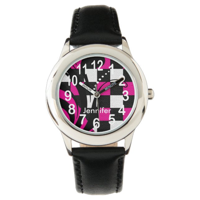 Personalized Hot Pink, Black and White Abstract Watch (Front)