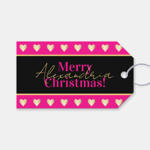 Personalized Hot Pink Black Gold Heart Christmas Gift Tags