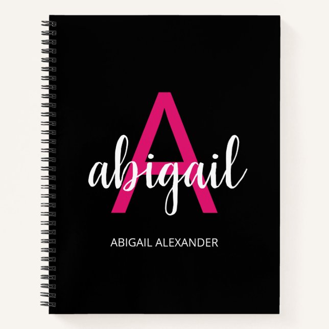 Personalized Hot Pink Black Modern Monogram Name Notebook (Front)