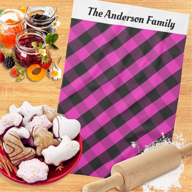 Personalized Hot Pink Buffalo Plaid Check Pattern  Kitchen Towel (A personalized pink buffalo plaid tea towel, ideal for the festive season)