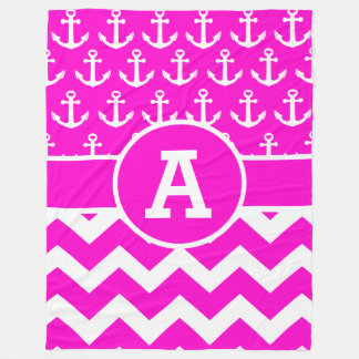 Personalized Hot Pink Chevron Anchors Pattern Fleece Blanket