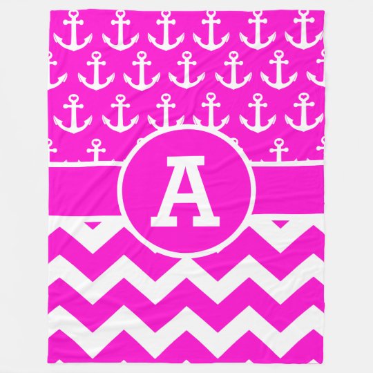 Personalized Hot Pink Chevron Anchors Pattern Fleece Blanket
