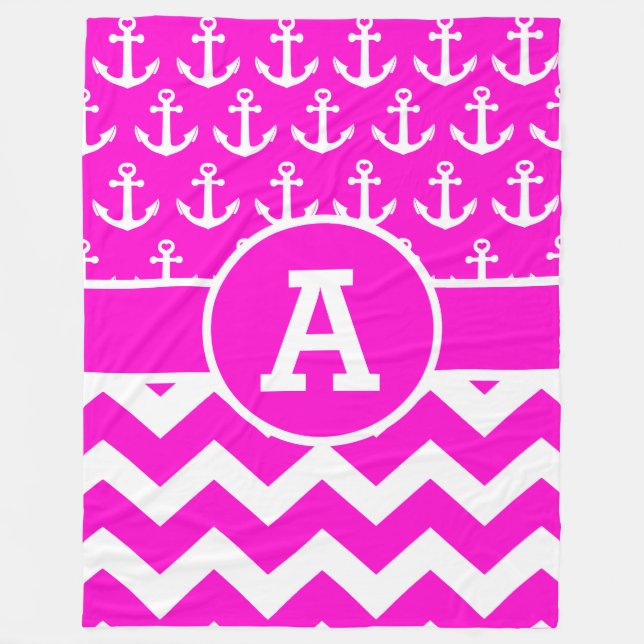 Personalized Hot Pink Chevron Anchors Pattern Fleece Blanket (Front)