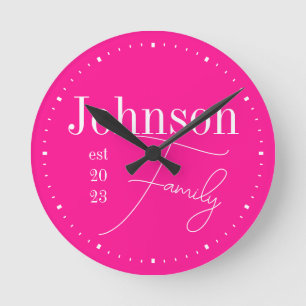 Personalized Hot Pink Family Name Round Clock