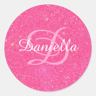 Personalized Hot Pink Faux Glitter Monogram Classic Round Sticker