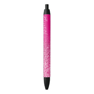 Personalized Hot Pink Faux Glitter Ombre Black Ink Pen