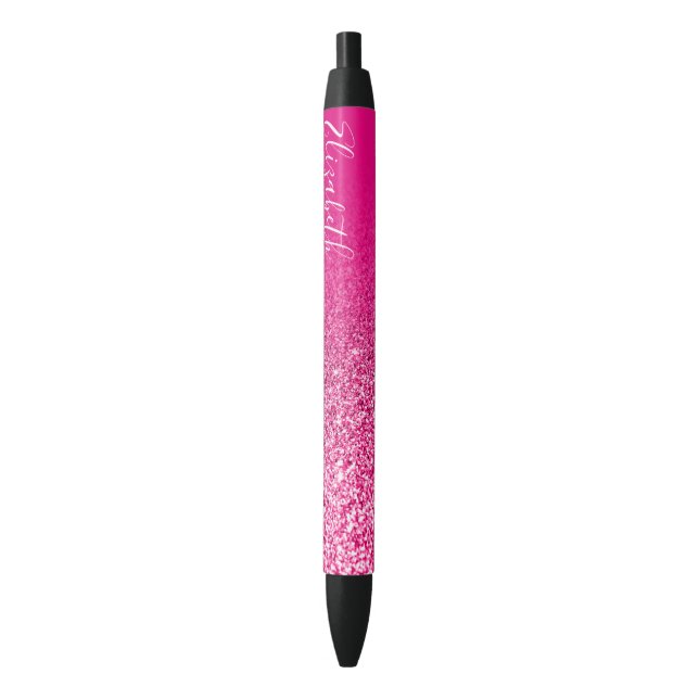 Personalized Hot Pink Faux Glitter Ombre Black Ink Pen (Front Vertical)