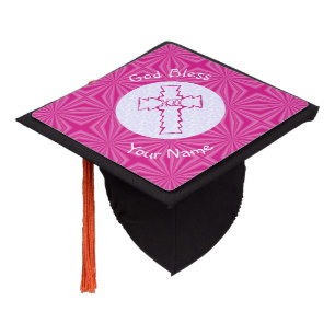 Personalized Hot Pink Feminine Christian Cross  Graduation Cap Topper