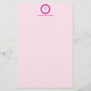 Personalized Hot Pink Feminine Christian Cross  Stationery