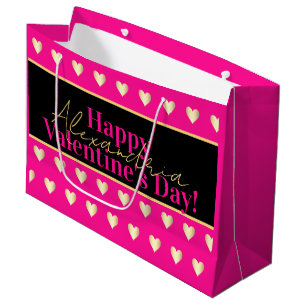 Personalized Hot Pink Gold Heart Valentine's Day Large Gift Bag