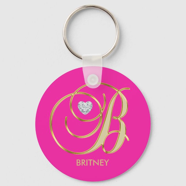 Personalized Hot Pink Gold Monogrammed Letter B Keychain (Front)