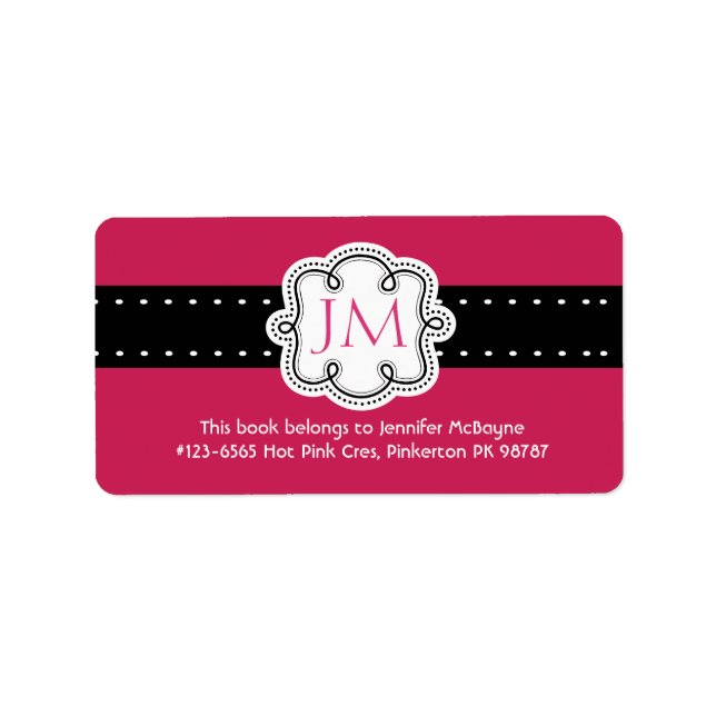 Personalized Hot Pink Ladies Initials  Bookplate Label (Front)