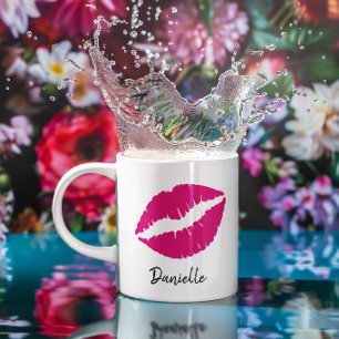Personalized Hot Pink Lipstick Kiss Print Coffee Mug
