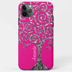 Personalized Hot Pink Spiral Glitter Tree  iPhone 11 Pro Max Case