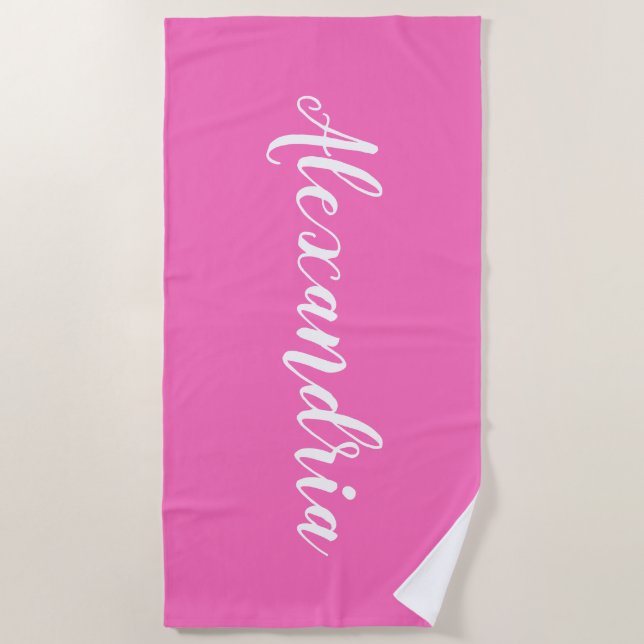 Personalized Hot Pink White Beach Towel (Front)