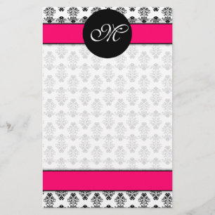 Personalized Hot Pink & White Damask Monogram Stationery