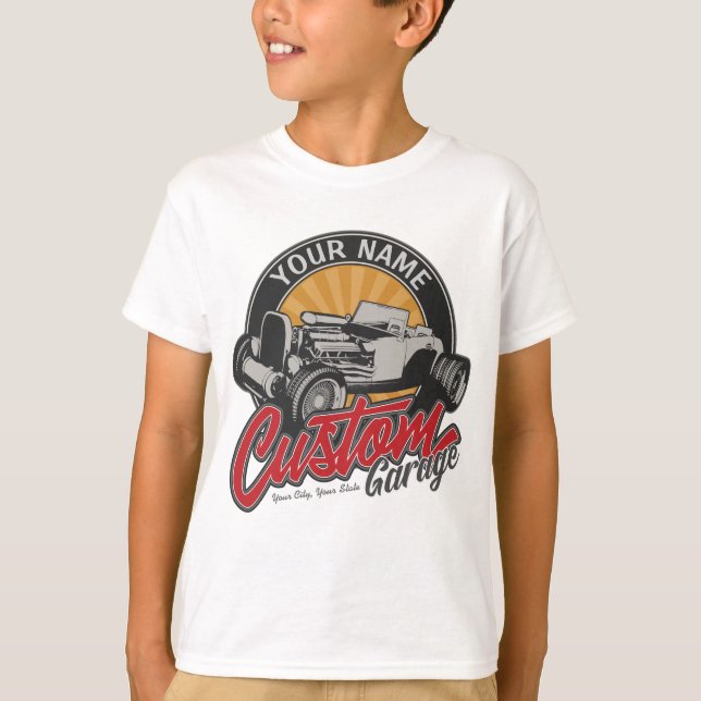 Personalized Hot Rod Garage Retro Custom Roadster T-Shirt (Front)