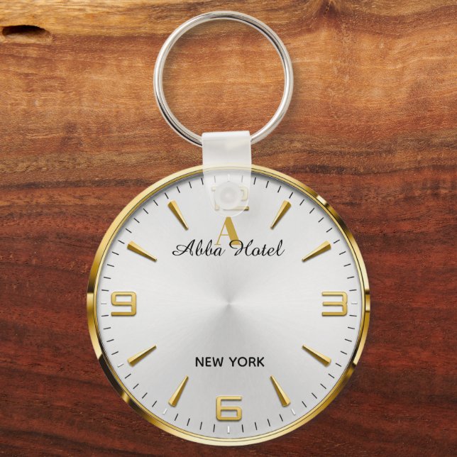 Personalized Hotel Name Luxury Gold Silver  Keychain (Front)