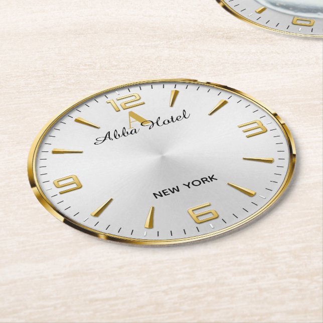 Personalized Hotel Name Luxury Gold Silver  Round Paper Coaster (Angled)