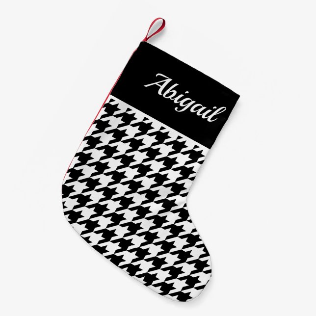 Personalized Houndstooth Pattern Black White Small Christmas Stocking (Front (Hanging))