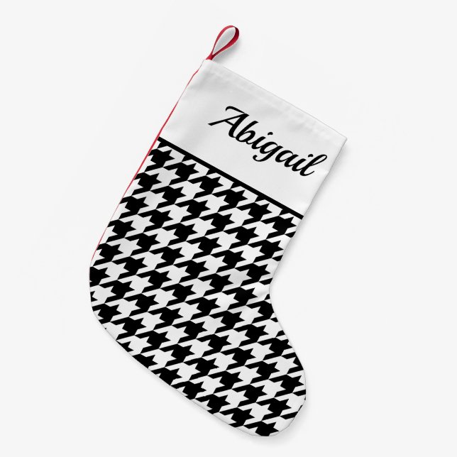 Personalized Houndstooth Pattern White Black Small Christmas Stocking (Front (Hanging))