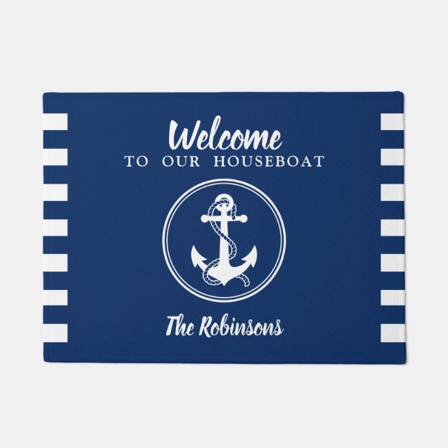 Personalized Houseboat With Anchor & Rope Doormat (Front)